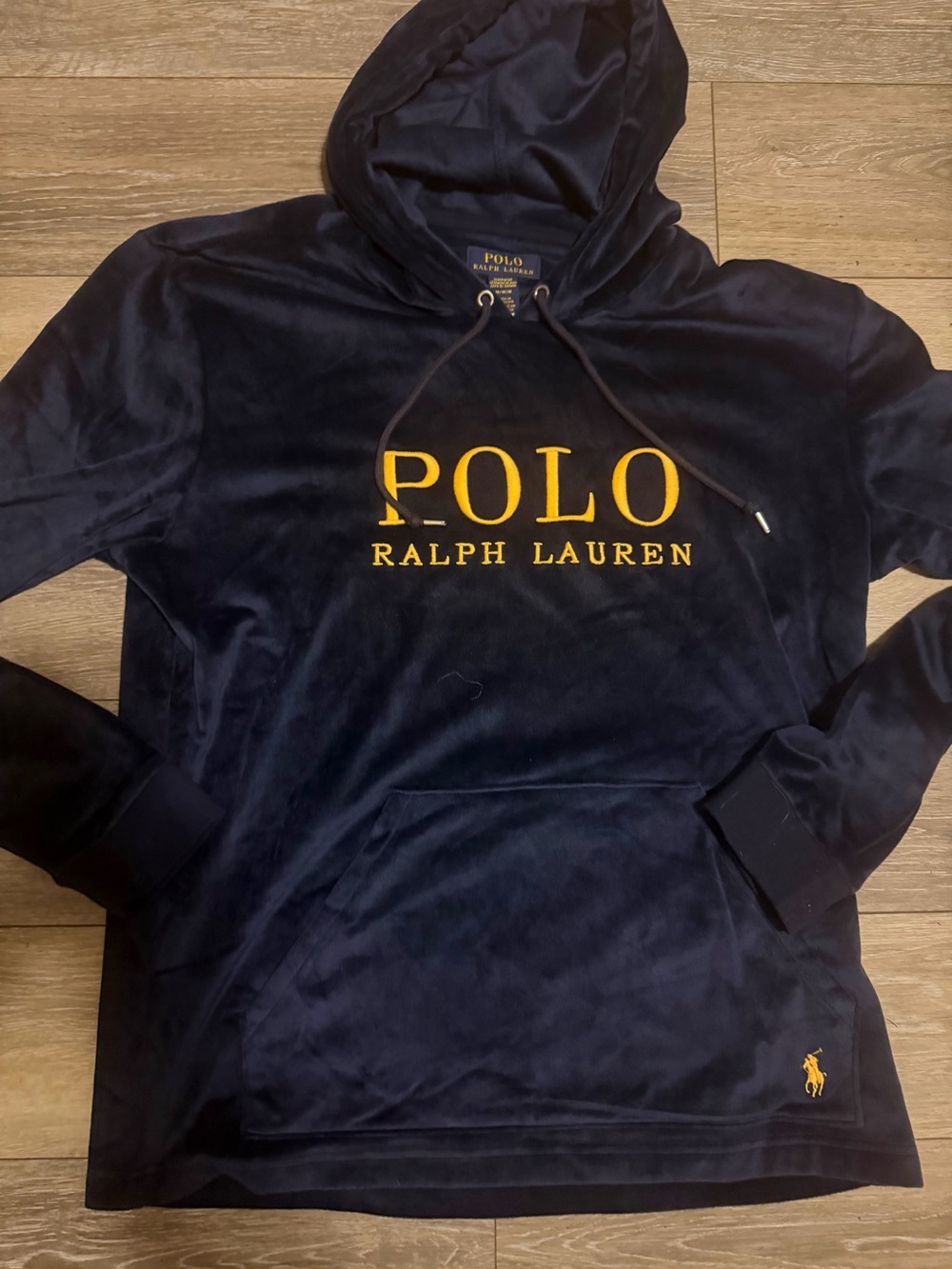 Polo by Ralph Lauren Navy Velour Hoodie with Gold Logo Embroidery size M-NEW
